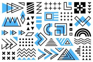 ein lebendig Sammlung von anders geometrisch Formen, Memphis einstellen im Blau und Schwarz, vereinbart worden auf ein Weiß Hintergrund. das Komposition beinhaltet Dreiecke, Kreise, Quadrate, Zickzack und andere Formen. vektor