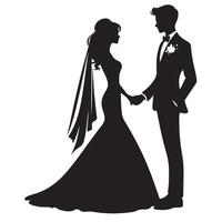 silhuett av en par få gift, brud och brudgum, bröllop, engagemang, kärlek vektor