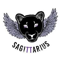 skytten. t-shirt design av de sagittarius symbol längs med en kattdjur huvud med vingar vektor
