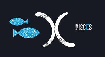 fiskarna. t-shirt design av de pisces symbol längs med två himmelsk fisk på en svart bakgrund. vektor