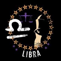 Libra. t-shirt design av de pund symbol längs med ett egyptisk fågel och en skala på en svart bakgrund. vektor