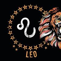 leo. t-shirt design av de zodiaken symbol Nästa till en kattdjur huvud i de mörk. vektor