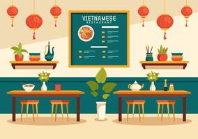 Vietnamesisch Essen Restaurant Illustration von ein Speisekarte mit ein Sammlung von verschiedene köstlich Küche Geschirr im eben Stil Karikatur Hintergrund vektor