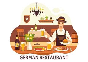 Deutsche Essen Restaurant Illustration mit ein Sammlung von köstlich traditionell Küche und Getränke auf ein eben Stil Karikatur Hintergrund vektor