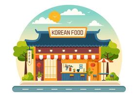 koreanska mat illustration terar en uppsättning meny av olika traditionell och utsökt nationell maträtter i en platt tecknad serie stil bakgrund vektor