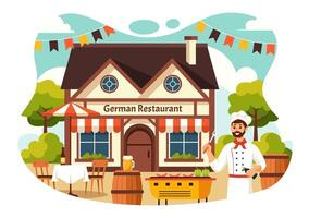 Deutsche Essen Restaurant Illustration mit ein Sammlung von köstlich traditionell Küche und Getränke auf ein eben Stil Karikatur Hintergrund vektor