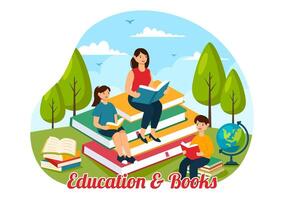 utbildning och kunskap böcker illustration terar människor studerar eller läsning böcker för inlärning i en platt stil tecknad serie bakgrund vektor