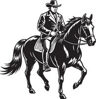 en svart och vit bild av en cowboy på en häst. svart och vit illustration vektor