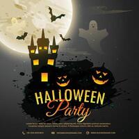 Halloween Nacht Hintergrund mit gruselig Schloss, Geist, Kürbis und fliegend Fledermäuse vektor