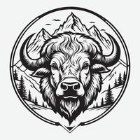 berg bison logotyp, majestätisk svart och vit linje konst vektor