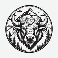 berg bison logotyp, majestätisk svart och vit linje konst vektor