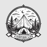 draussen Camping Leben Abzeichen Jahrgang Stil schwarz Farbe im Weiß Hintergrund vektor
