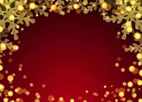 Weihnachtsbanner mit goldenen Schneeflocken und hellem Glitzer. Goldglitter und helles Bokeh. realistische Illustration des neuen Jahres 2022 auf rotem Hintergrund. Vektor.