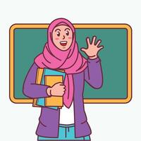 Karikatur von ein weiblich Lehrer im ein Hijab Tragen ein Buch, und ein Tafel hinter ihr vektor