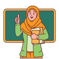 Karikatur von ein weiblich Lehrer im ein Hijab Tragen ein Buch, und ein Tafel hinter ihr vektor