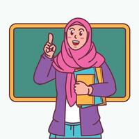 Karikatur von ein weiblich Lehrer im ein Hijab Tragen ein Buch, und ein Tafel hinter ihr vektor