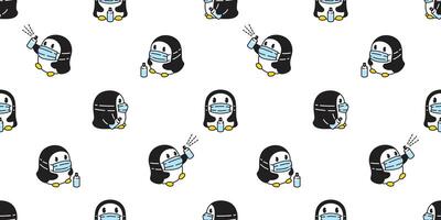 pingvin sömlös mönster ansikte mask covid-19 fågel alkohol tecknad serie scarf isolerat bricka bakgrund upprepa tapet illustration klotter design vektor