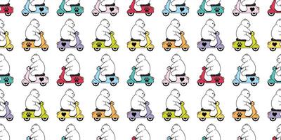 Bär nahtlos Muster Polar- Bär Reiten Fahrrad Pfote Herz Karikatur Motorrad Fliese Hintergrund Gekritzel wiederholen Hintergrund Illustration Farbe Design vektor