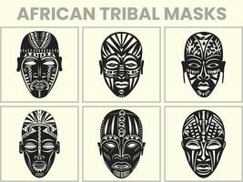uppsättning av svart silhuetter av afrikansk stam- masker, en samling av afrikansk stam- masker i olika kompositioner. perfekt för mönster tema runt om afrika, kultur, stammar, ritualer, och totems. vektor