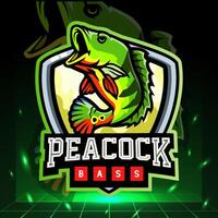 Pfau Bass Fisch Maskottchen. Esport Logo Design vektor