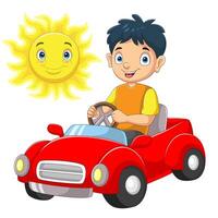ung pojke körning bil med de Sol vektor