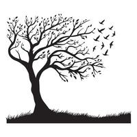 Illustration von ein Baum mit Vögel fliegend im das Himmel im schwarz und Weiß vektor