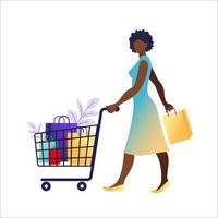 ung afrikansk kvinna med papperspåsar gå till shopping. begreppet online och offline shopping, rea, rabatt. vektorillustration för webbbanner, infographics, mobil. vektor illustration i platt.