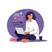 Frau sitzt mit Laptop. Konzeptillustration für Arbeit, Studium, Bildung, Arbeit von zu Hause aus, gesunder Lebensstil. kann für Hintergründe, Infografiken, Heldenbilder verwendet werden. eben. Vektor-Illustration. vektor