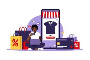 afrikanische Frau Online-Shopping. schwarzer Freitag. mit Kreditkarte bezahlen. Verkauf. modernes Konzept für das Web. Vektor-Illustration. flacher Stil. vektor