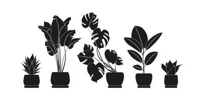 samling silhuetter av krukväxter i svart färg. krukväxter isolerade på vitt. ställ gröna tropiska växter. trendig heminredning med inomhusväxter, planteringskärl, kaktus, tropiska löv. vektor