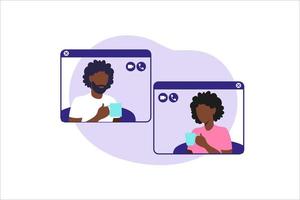 sociala nätverk, chatt, dejtingapp. vektor illustration för online dating app användare. platt illustration afroamerikansk man och kvinna bekantskap i socialt nätverk.