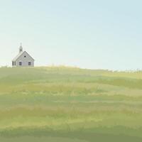 minimalistisch Landschaft Gras Feld mit alt Kirche eben Design illustriert haben leer Raum. vektor