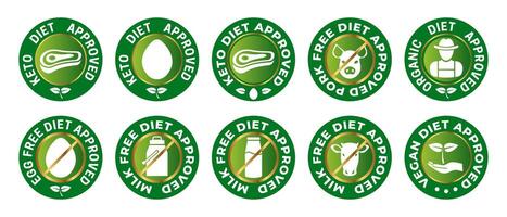 Keto Diät genehmigt, Schweinefleisch frei, organisch, Ei, Milch und vegan Zertifikat Abzeichen Symbol im Gold und Grün Farben vektor