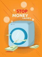 Waschen Maschine mit Geld auf Orange Hintergrund. Geld Wäsche Poster Design Konzept vektor
