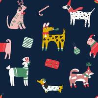 Weihnachten nahtlos Muster mit süß Hunde im Santa Hüte und Schals. Dackel, Jack Russell, Terrier, Dobermann. Tier Muster, perfekt zum Kinder Textil, Kindergarten Dekor, Stoff, Verpackung Papier. vektor