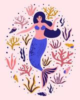 söt sjöjungfru med tång, korall, skal. fantastisk sommar bakgrund för textil, hälsning kort. hand dragen illustration. vektor