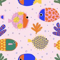 sömlös mönster med söt rev fiskar, puffer fiskar, koraller. rolig Flerfärgad bakgrund, marin textur. samtida illustration. vektor