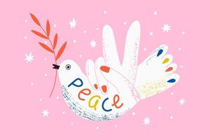 begrepp för värld fred dag vykort med duva, gren. hand med fred gest. text fred. affisch med symbol, Nej krig, värld dag av fred, jämlikhet och kärlek. hand dragen illustration. vektor