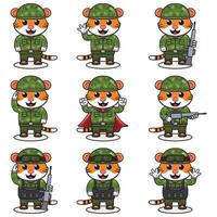 söt tiger soldat i kamouflage enhetlig. tecknad serie rolig tiger soldat karaktär med hjälm och grön enhetlig i annorlunda positioner. rolig djur- illustration uppsättning. vektor