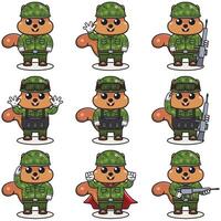 söt ekorre soldat i kamouflage enhetlig. tecknad serie rolig ekorre soldat karaktär med hjälm och grön enhetlig i annorlunda positioner. rolig djur- illustration uppsättning. vektor