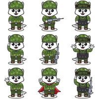 süß Wolf Soldat im tarnen Uniform. Karikatur komisch Wolf Soldat Charakter mit Helm und Grün Uniform im anders Positionen. komisch Tier Illustration Satz. vektor