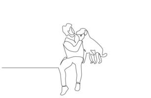 Mann Hund spielen Ausgaben Zeit zusammen Lebensstil Linie Kunst Design vektor