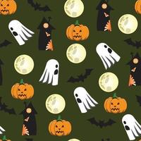 Halloween nahtloses Muster mit orangefarbenen Kürbissen, Geistern, gruseligen Häusern und Fledermäusen. Hintergrund für Halloween. beängstigend nahtloses Muster mit geschnitztem Kürbis. vektor
