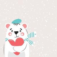 söt isbjörn som njuter av snö och håller ett hjärta. st. alla hjärtans dag koncept. vektor illustration.
