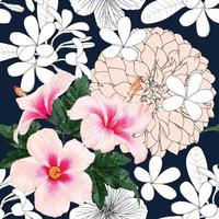 nahtloses Muster floral mit Hibiskus-Dahlie und Frangipani-Blüten abstrakt background.vector Illustration handgezeichnete Linie art.for Stoffmuster Pint Design. vektor