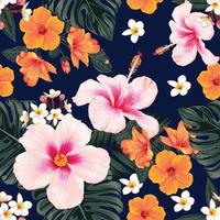 nahtloses Muster floral mit grünen Monstera-Blättern und Hibiskus, Frangipani-Blüten abstrakten Hintergrund. Vektor-Illustration Aquarell handgezeichnet. Stoff Mode Print Design vektor