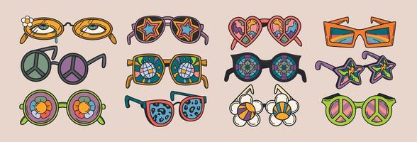 skraj häftig solglasögon uppsättning i cirkel, hjärta, daisy blomma eller stjärna form. sommar psychedelic glasögon med trippy ögon, leopard skriva ut och disko boll i retro 70s hippie stil. årgång hippie glasögon vektor