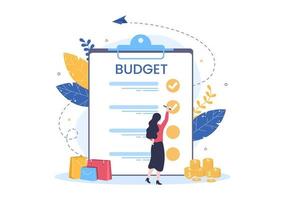 Budget-Finanzanalyst zur Verwaltung oder Planung von Geldausgaben an der Checkliste auf Zwischenablage, Taschenrechner und Kalenderhintergrund-Vektorillustration vektor