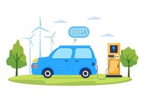 Laden von Elektroautobatterien mit dem Konzept von Ladegeräten und Kabelsteckern, die eine grüne Umwelt, Ökologie, Nachhaltigkeit oder saubere Luft nutzen. Vektor-Illustration vektor