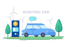 ladda elbilsbatterier med konceptet laddare och kabelkontakter som använder grön miljö, ekologi, hållbarhet eller ren luft. vektor illustration